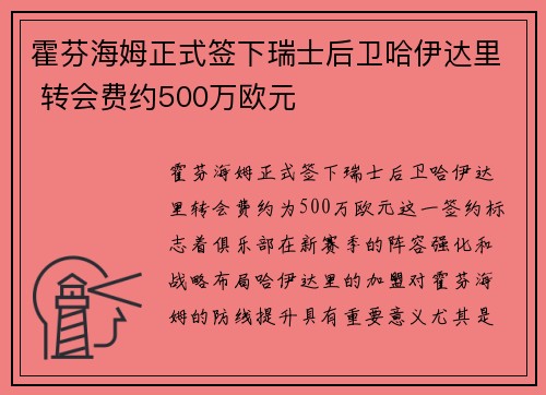 霍芬海姆正式签下瑞士后卫哈伊达里 转会费约500万欧元