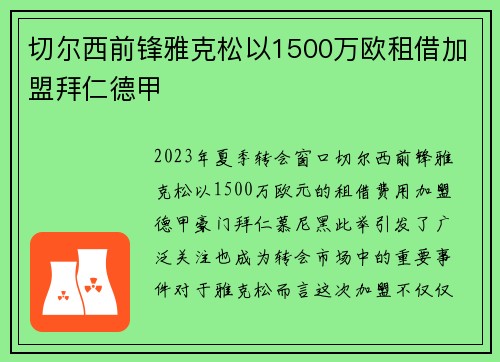 切尔西前锋雅克松以1500万欧租借加盟拜仁德甲