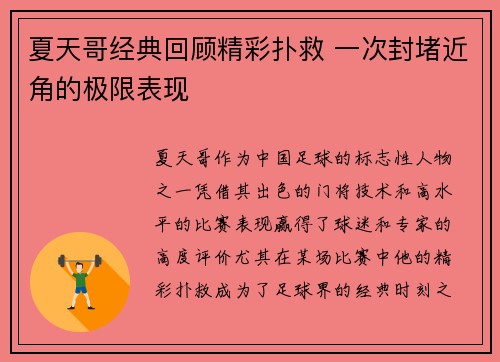 夏天哥经典回顾精彩扑救 一次封堵近角的极限表现